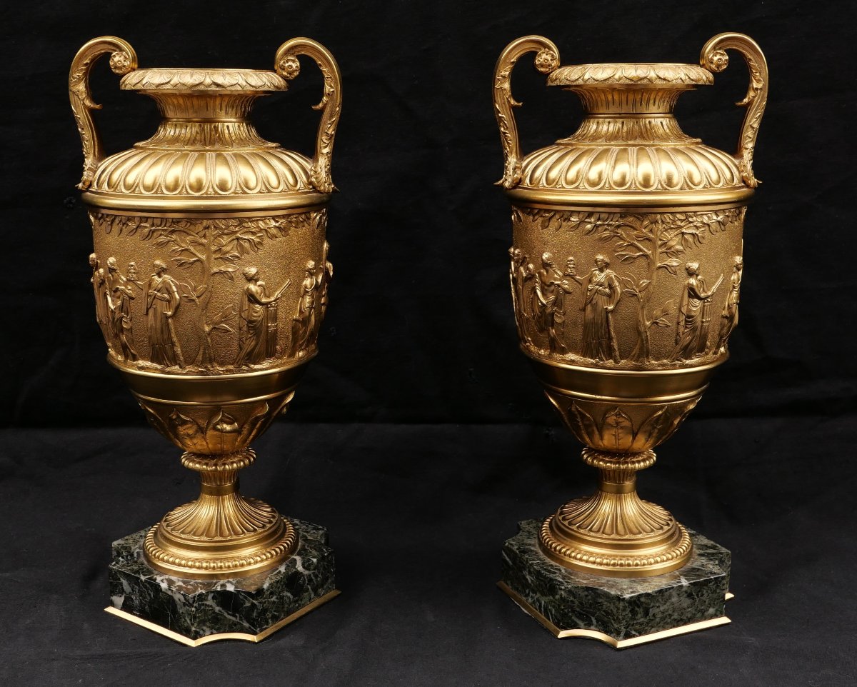 Attributed To Ferdinand Barbedienne, Pair Of Bronze Vases Decorated With Apollo Surrounded By The Muses-photo-2
