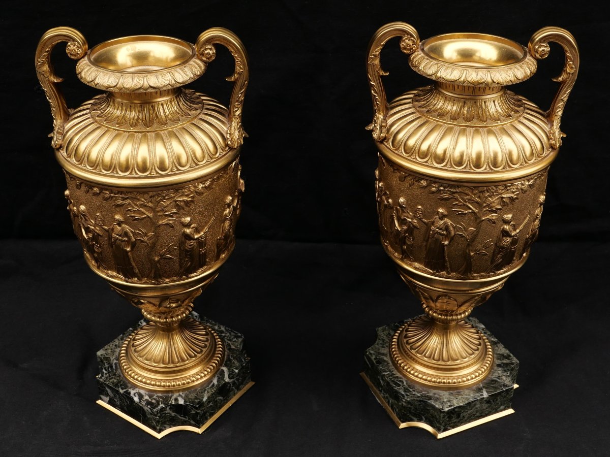 Attributed To Ferdinand Barbedienne, Pair Of Bronze Vases Decorated With Apollo Surrounded By The Muses-photo-3