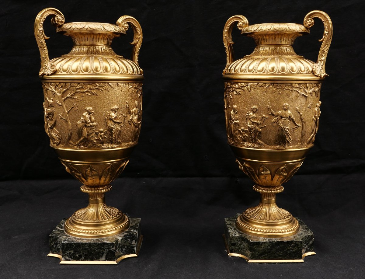 Attributed To Ferdinand Barbedienne, Pair Of Bronze Vases Decorated With Apollo Surrounded By The Muses-photo-4