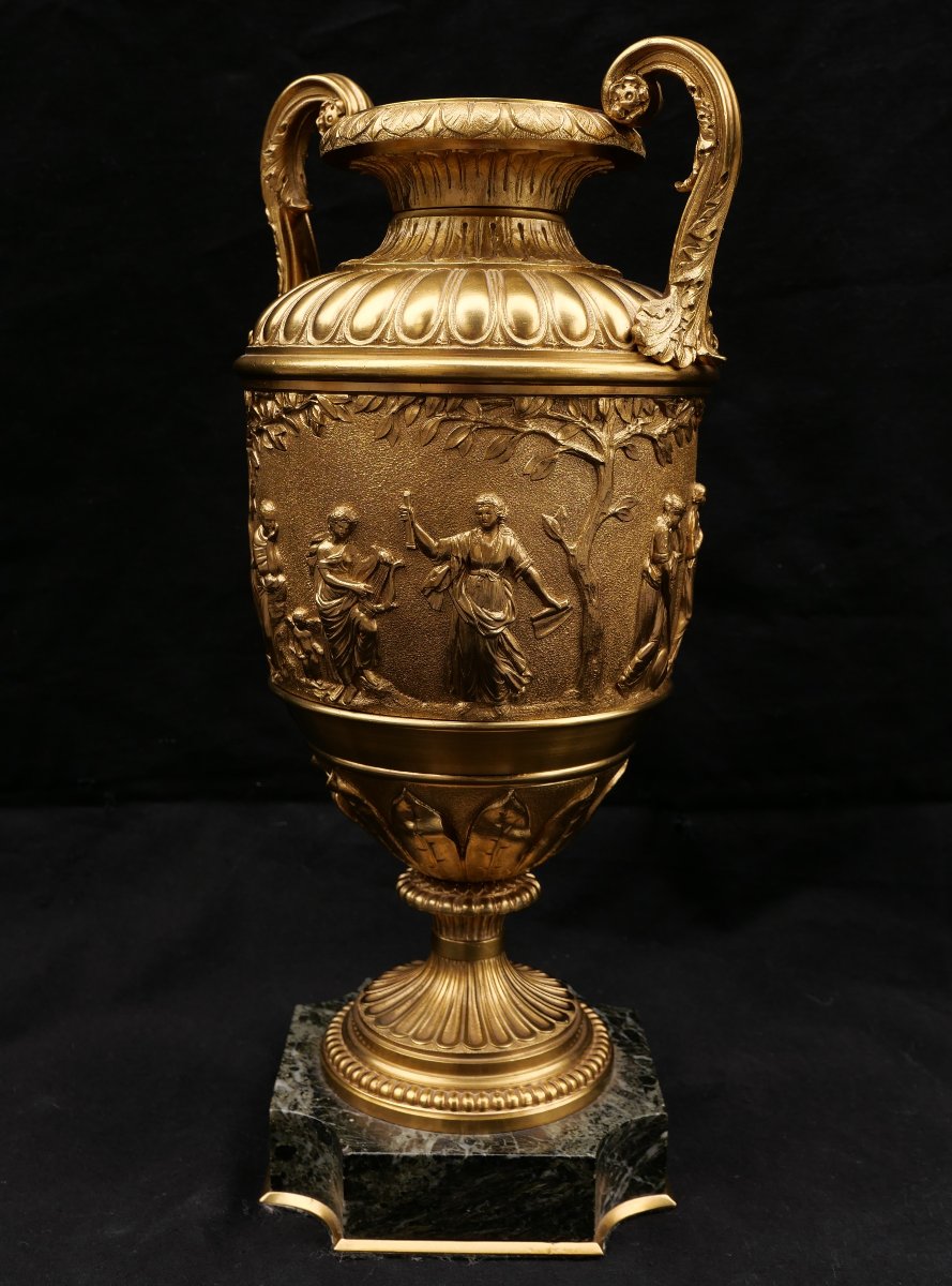 Attributed To Ferdinand Barbedienne, Pair Of Bronze Vases Decorated With Apollo Surrounded By The Muses-photo-1