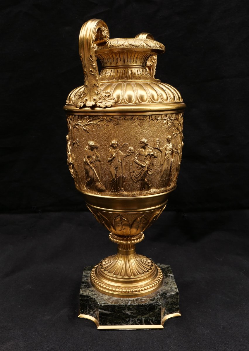 Attributed To Ferdinand Barbedienne, Pair Of Bronze Vases Decorated With Apollo Surrounded By The Muses-photo-3