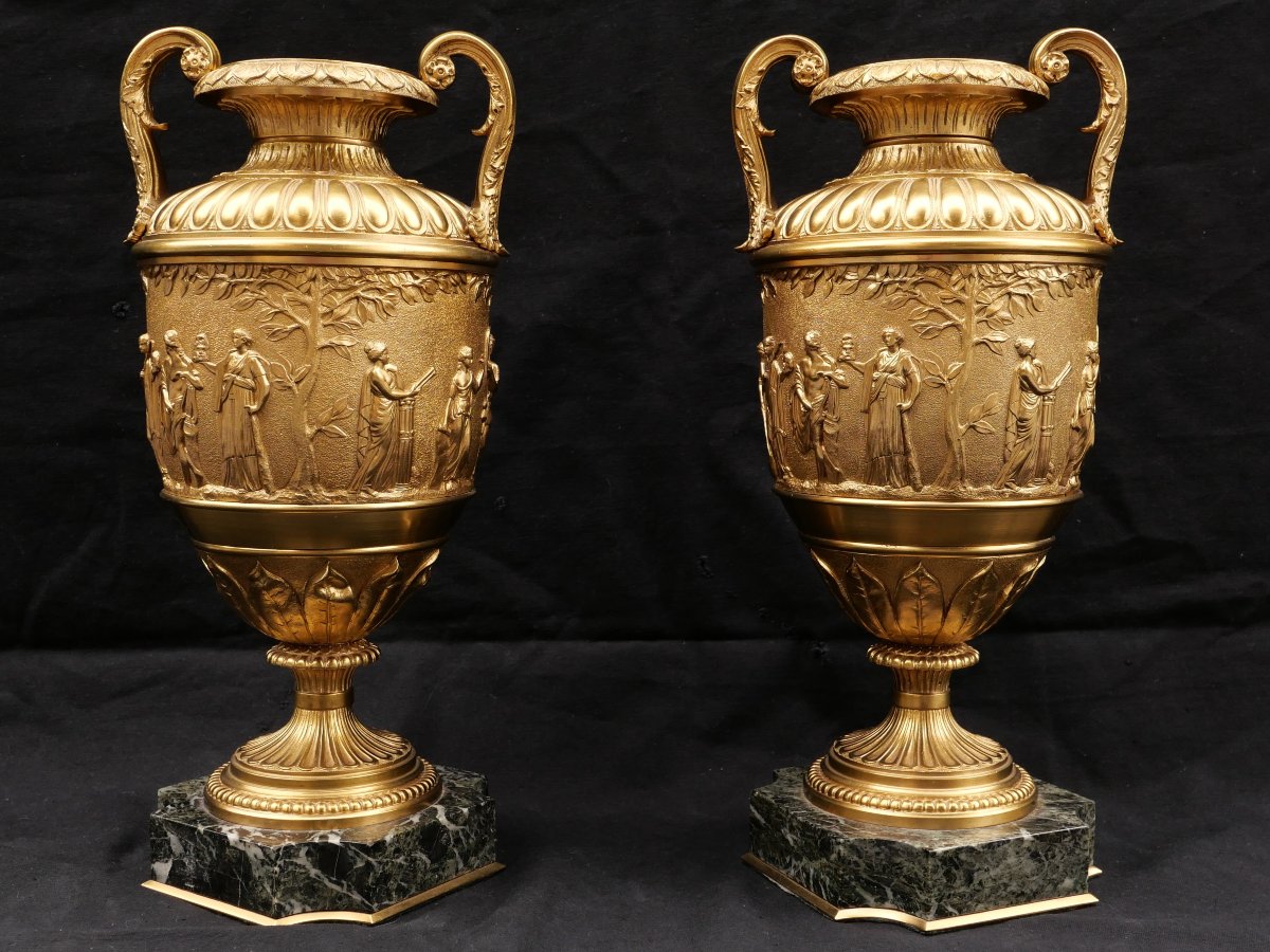 Attributed To Ferdinand Barbedienne, Pair Of Bronze Vases Decorated With Apollo Surrounded By The Muses