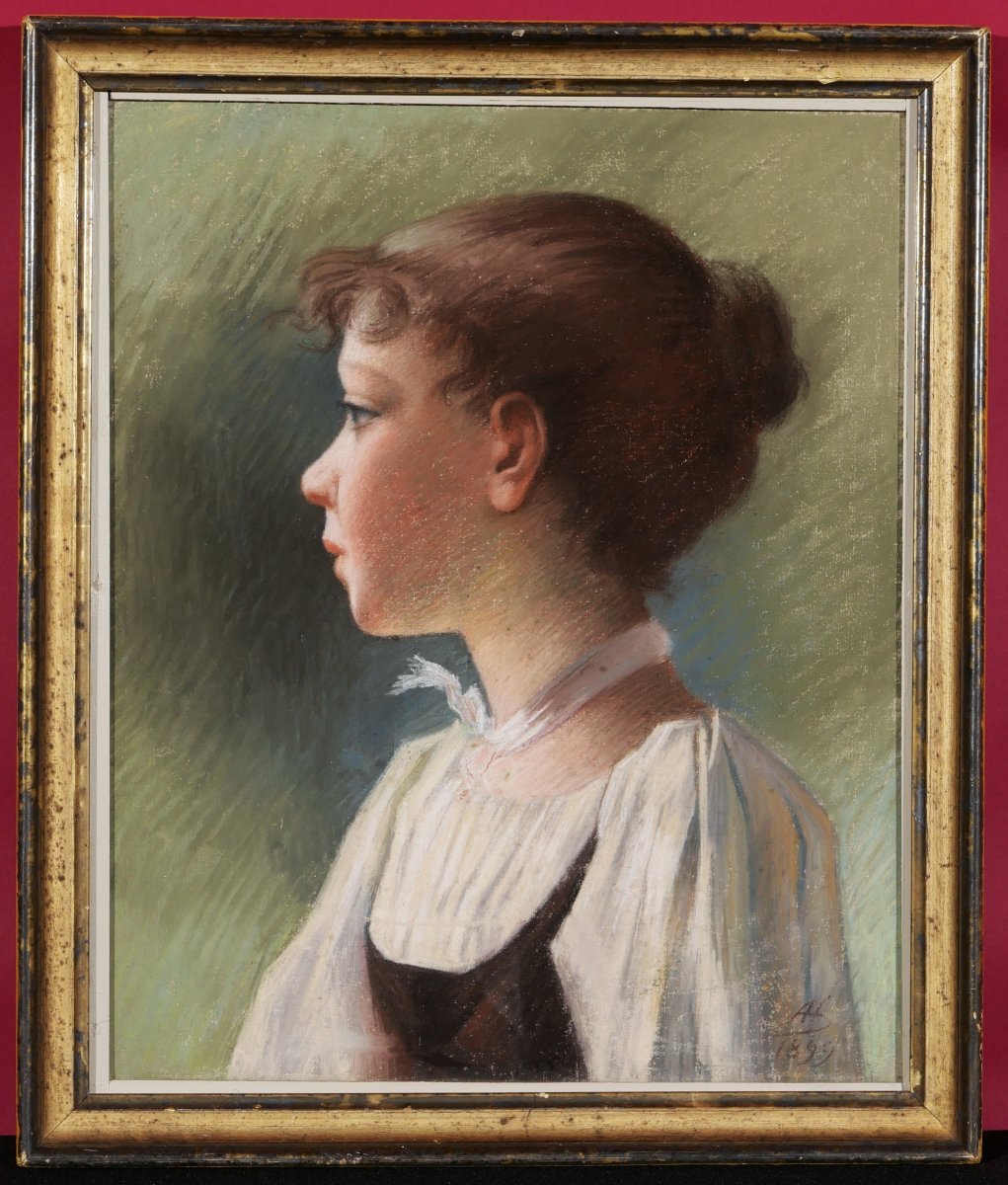 French School Circa 1900, Portrait Of Young Girl In Profile-photo-1