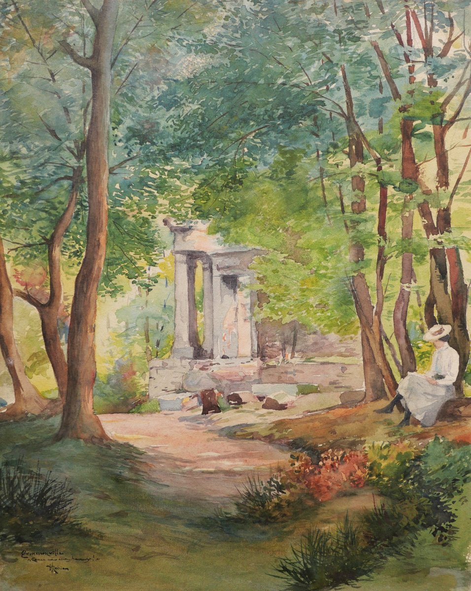 H. ROBIEN, Femme lisant  dans le parc de Jean-Jacques Rousseau à Ermenonville