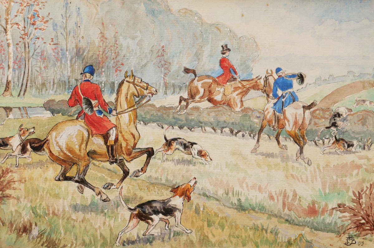 Attributed To Jean Achille Théodore Brail, Hunting Scenes With Hounds-photo-2