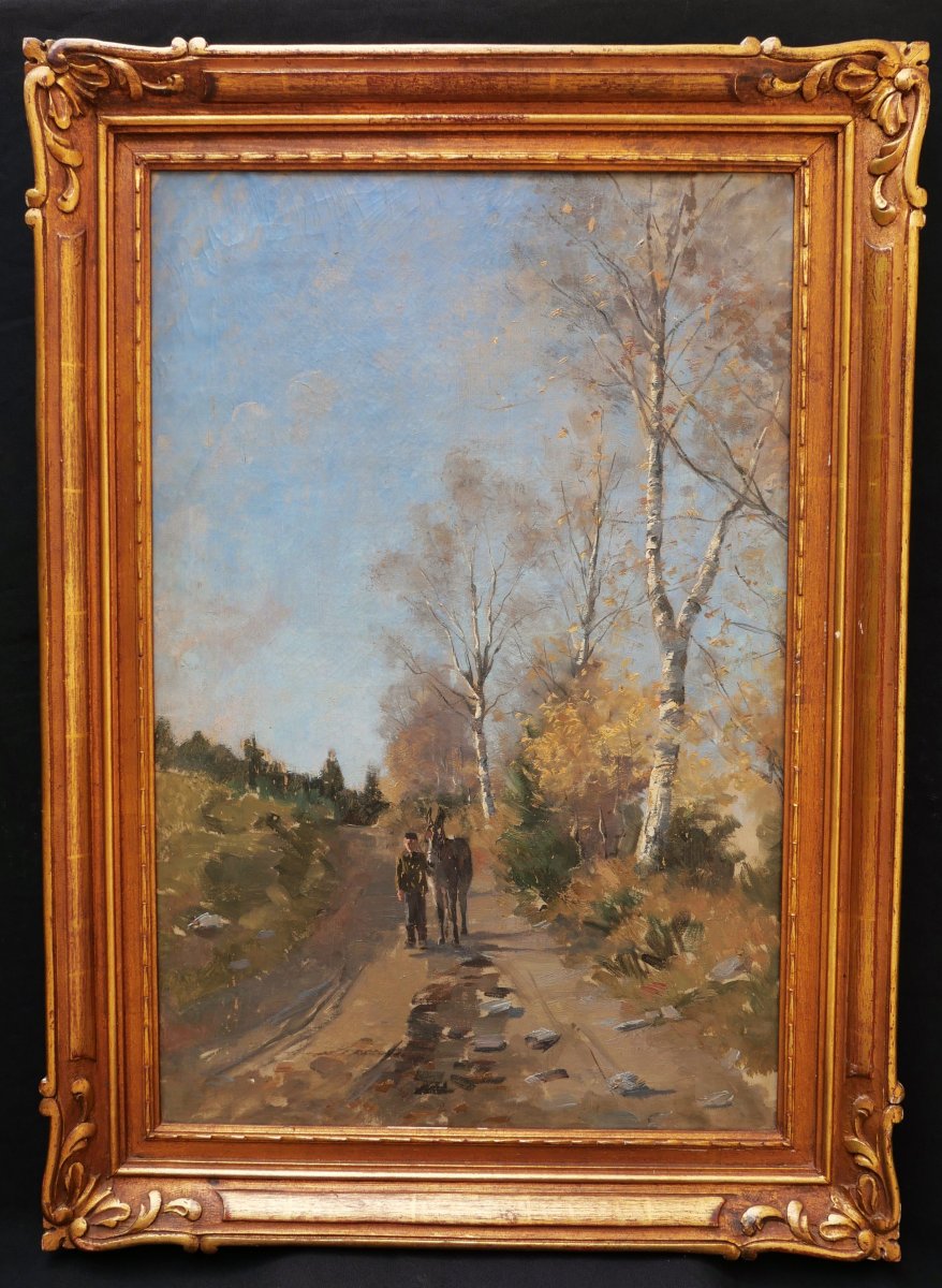 École FRANÇAISE ou BELGE circa 1900, Homme et son âne sur un chemin bordé de bouleaux-photo-3