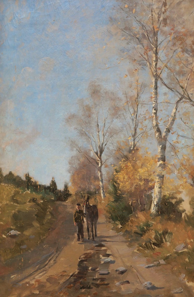 French Or Belgian School Circa 1900-1920, Man And Donkey On A Country Path