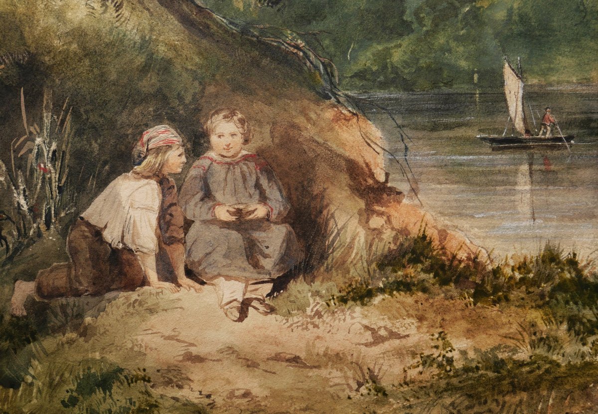 École FRANÇAISE romantique, circa 1830 - 1840, Deux enfants au bord d'une rivière-photo-2