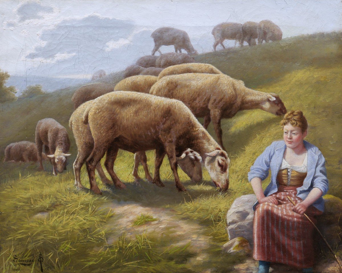 Arsène-symphorien Sauvage, Shepherdess And Sheep