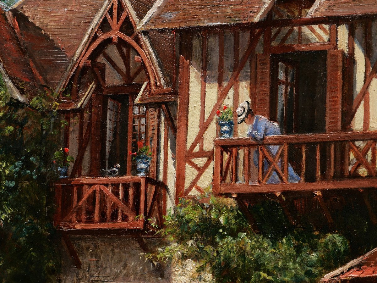 École FRANÇAISE fin XIXème siècle, Femme, nourrice et enfant devant une maison normande-photo-2