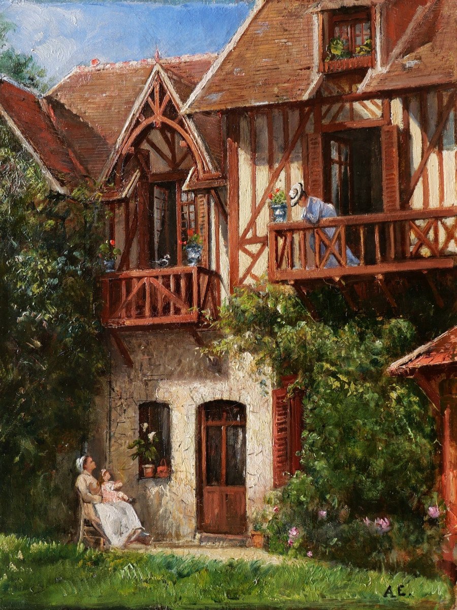 French School, Late 19th Century, Woman, Nurse And Child In Front Of A Norman House