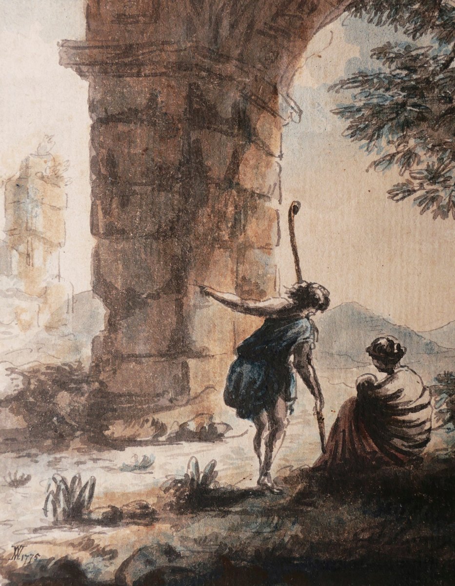 École FRANÇAISE néoclassique en 1775, Famille de bergers dans une ruine antique-photo-3