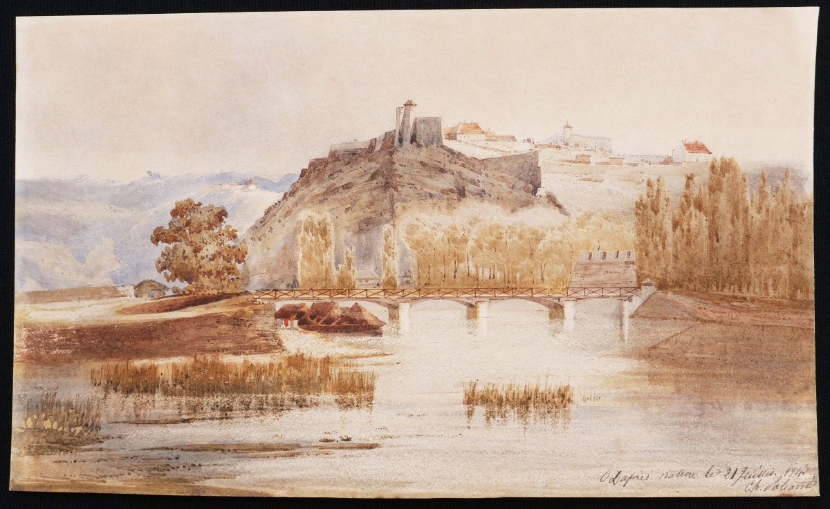 French School In 1843, Landscape With A Fortified Village Overlooking A River-photo-4