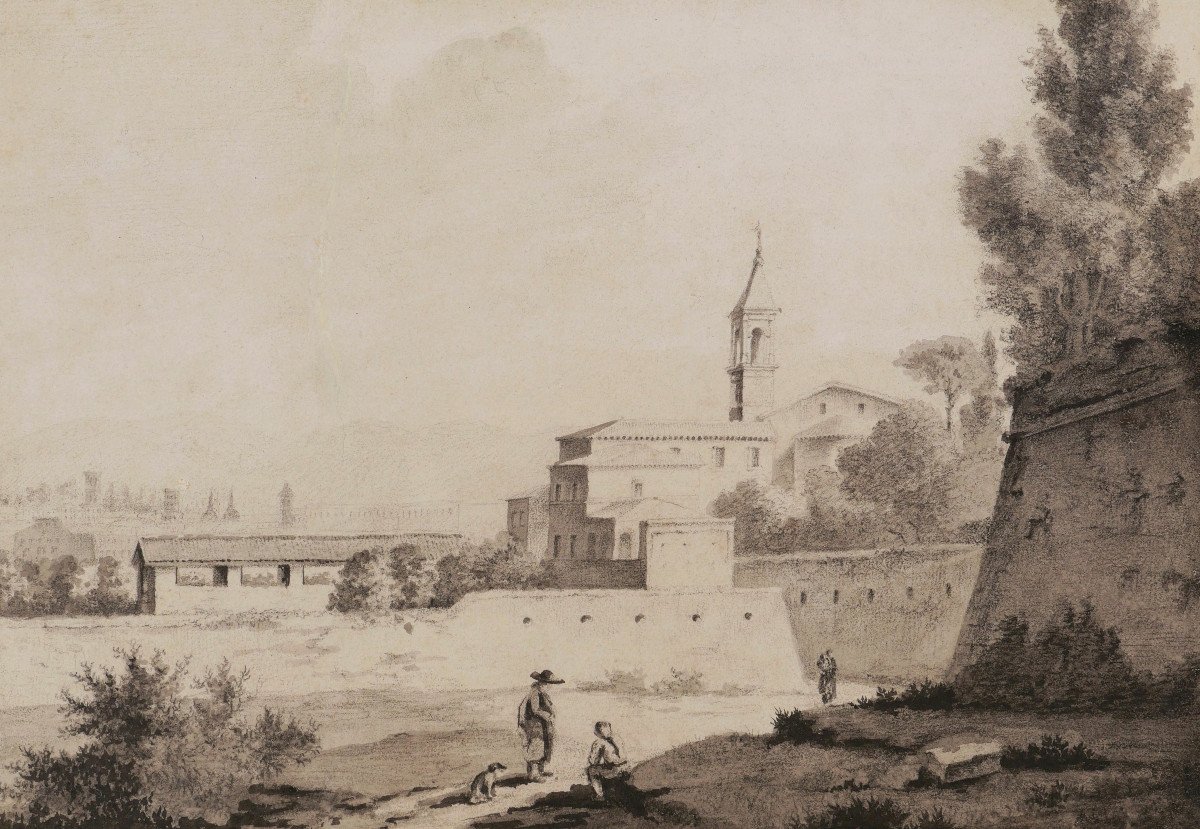 École FRANÇAISE début XIXème siècle, Vue animée à Rome : personnages, église et remparts