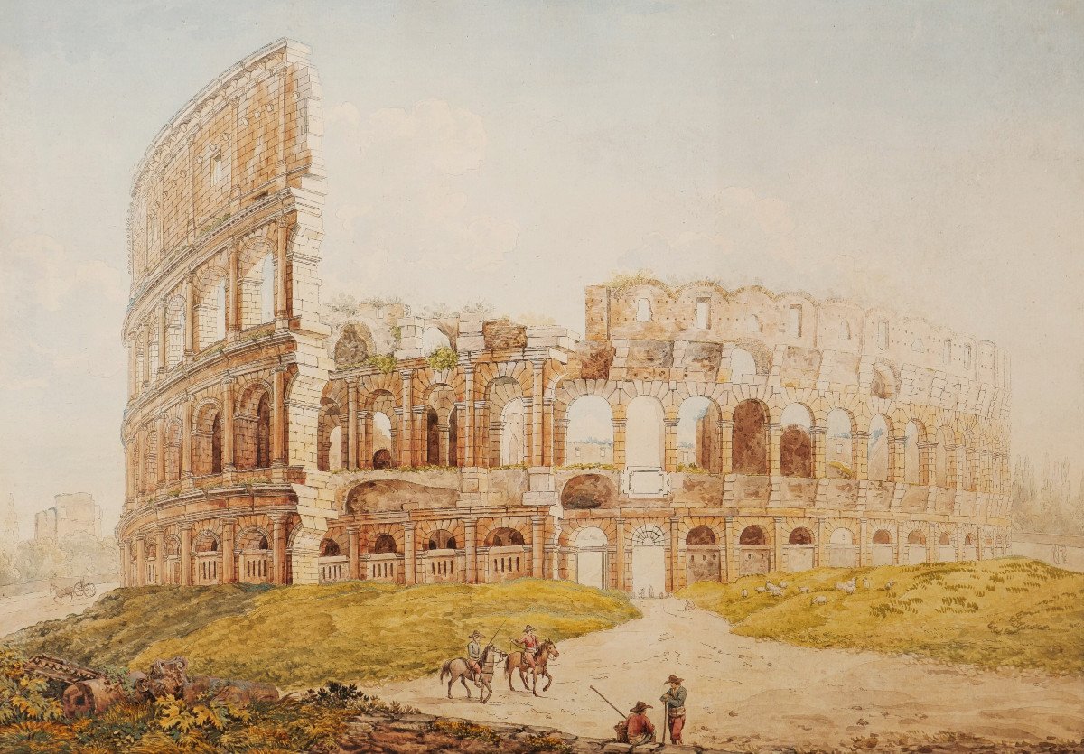 École ITALIENNE du XIXème siècle, Vue animée devant le Colisée