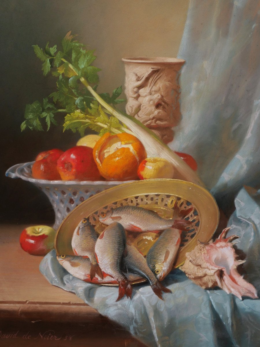 David de NOTER, Nature morte aux fruits, légumes, poissons, coupe et coquillages (grand format)-photo-2