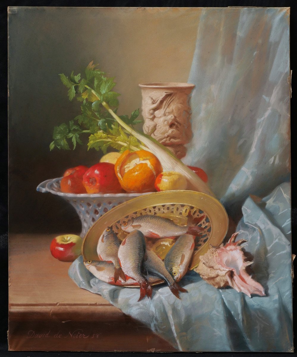 David de NOTER, Nature morte aux fruits, légumes, poissons, coupe et coquillages (grand format)-photo-4