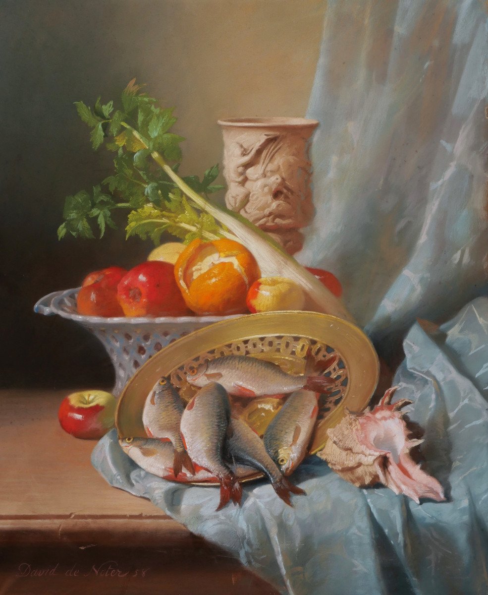 David De Noter, Still Life With Fruits, Vegetables, Fish, Cup And Shells (large Format)