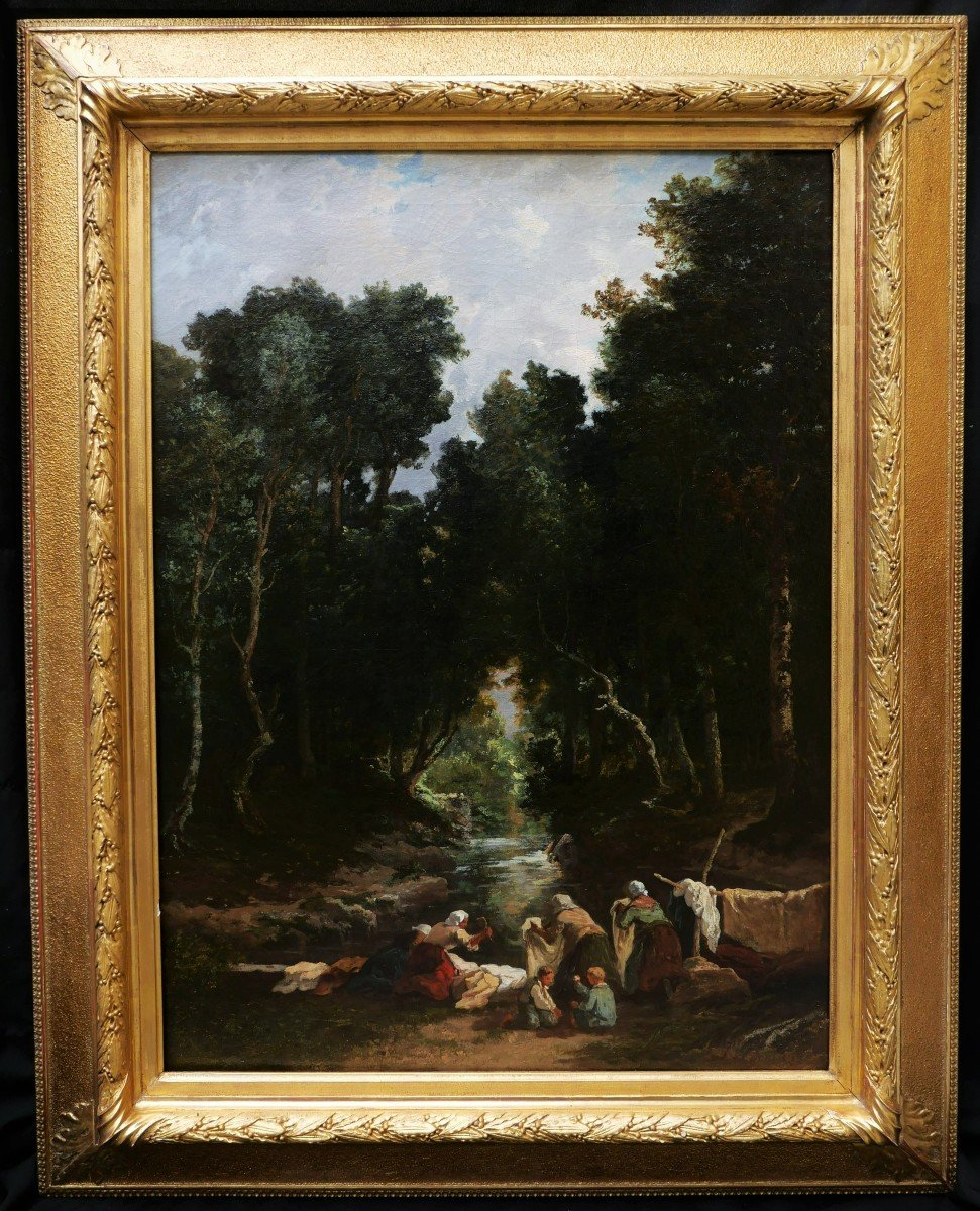 Louis BOULANGÉ, Paysage aux lavandières en forêt de Fontainebleau (grand format)-photo-1