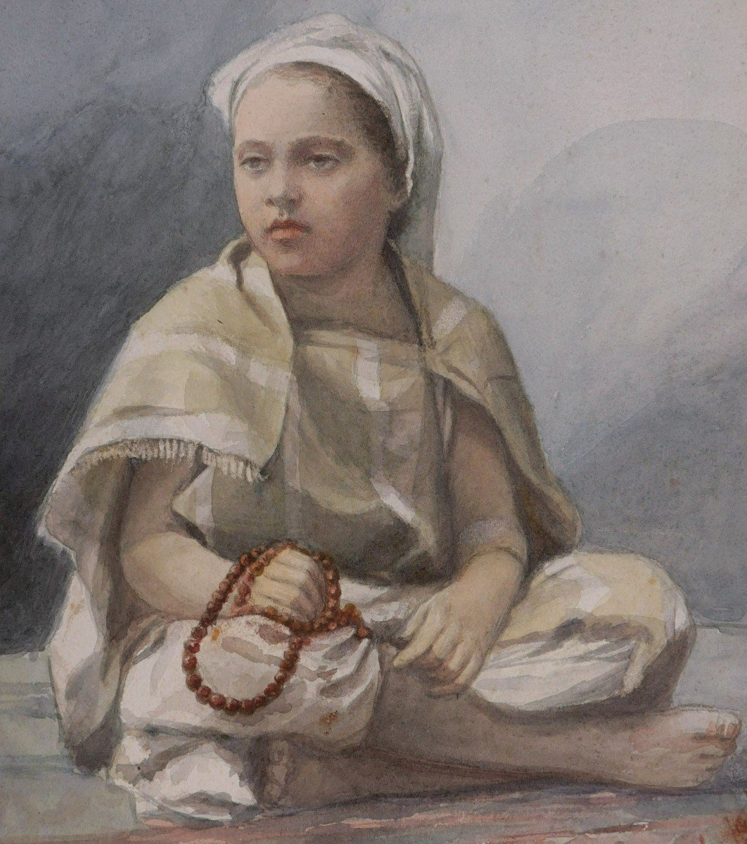 French School Late 19th - Early 20th C., Young Algerian Girl Seated-photo-2