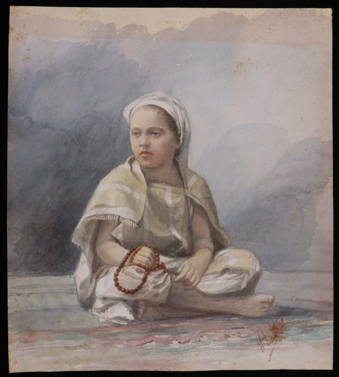 École FRANÇAISE du début du XXème siècle, Jeune fille algérienne assise-photo-4