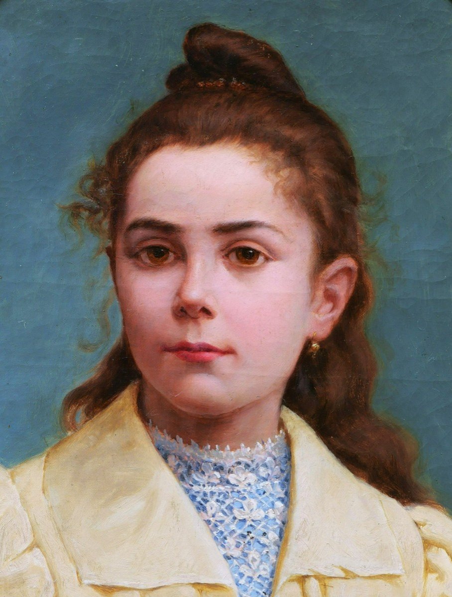 French School Circa 1880, Portrait Of A Brunette Little Girl With Hazel Eyes-photo-4