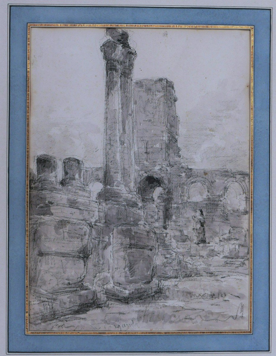 French School Late 18th – Early 19th Century, The Ruins Of The Roman Theater Of Arles-photo-4