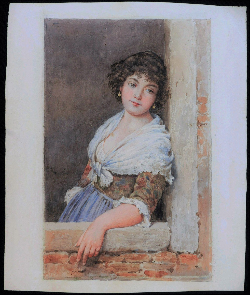 Attribué à Eugen Alfons VON BLAAS, Jeune Italienne à la fenêtre-photo-1