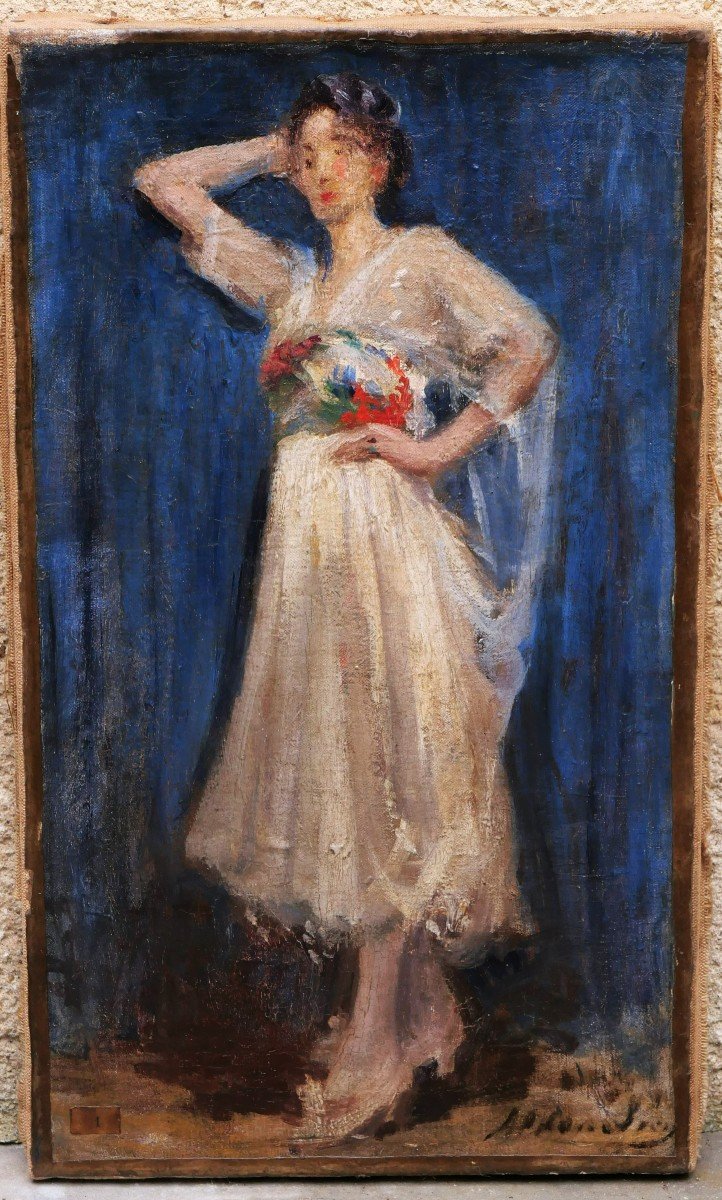 École FRANÇAISE circa 1900, Femme en robe blanche-photo-4