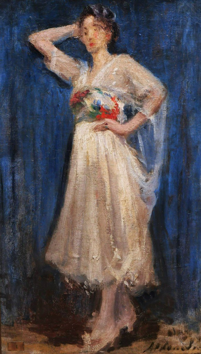 École FRANÇAISE circa 1900, Femme en robe blanche