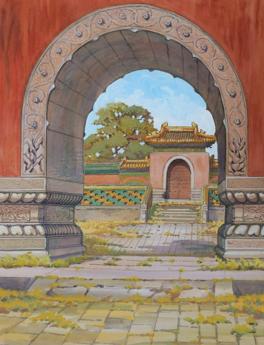 École FRANÇAISE ou CHINOISE circa 1930-1940, Neuf vues de temple ou de palais en Chine-photo-2