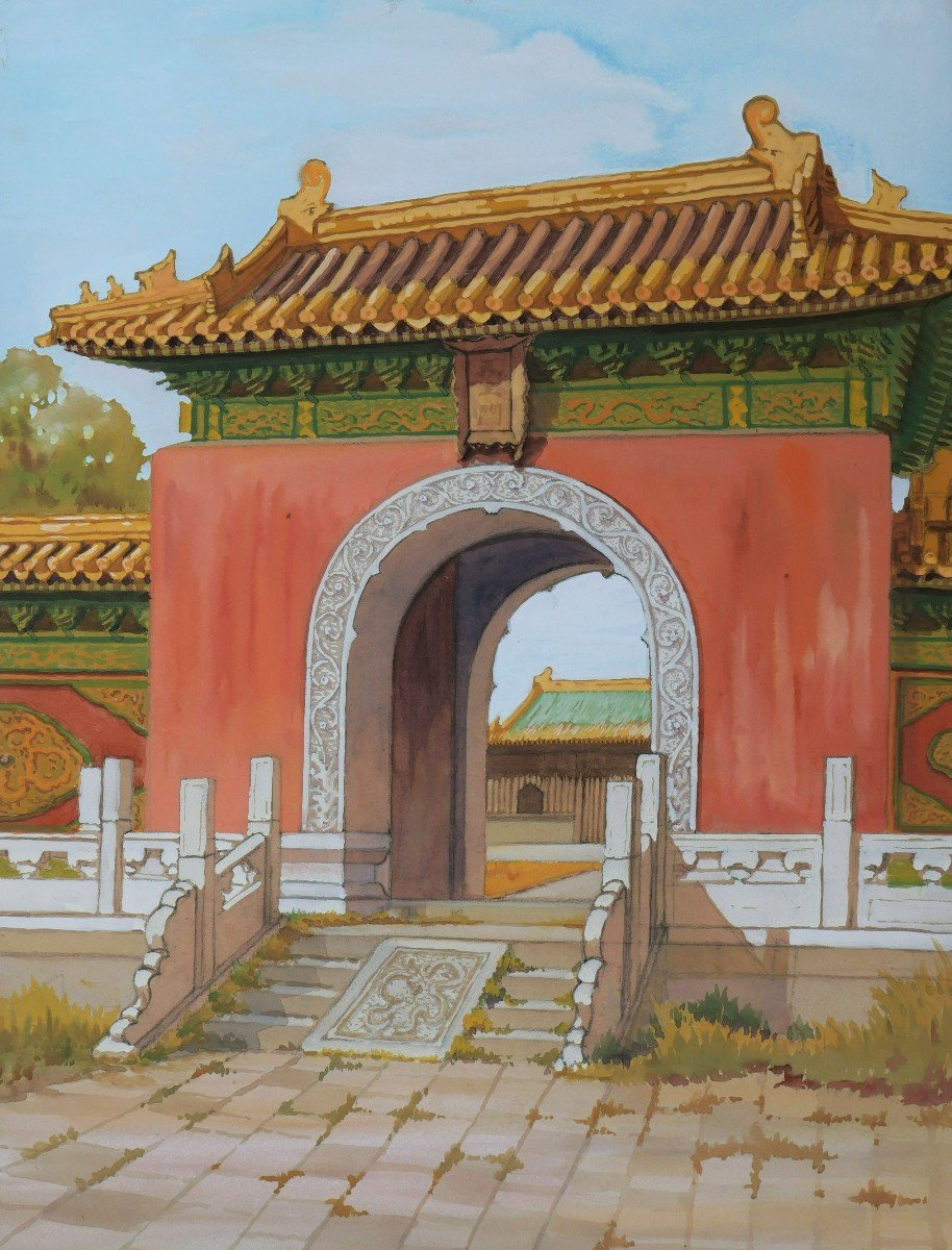 École FRANÇAISE ou CHINOISE circa 1930-1940, Neuf vues de temple ou de palais en Chine-photo-3