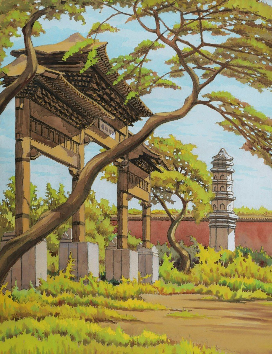 École FRANÇAISE ou CHINOISE circa 1930-1940, Neuf vues de temple ou de palais en Chine-photo-5