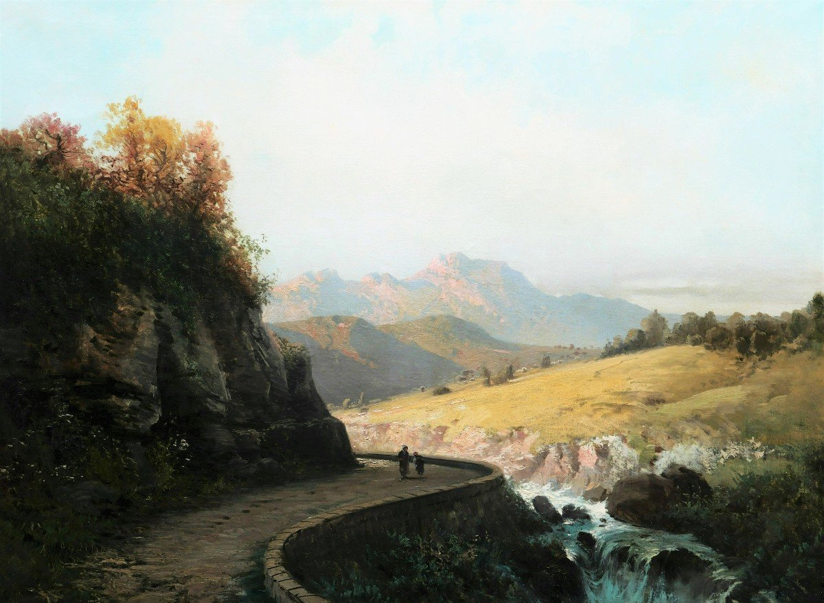 Alfred GODCHAUX, Paysage des Pyrénées avec deux personnages sur un chemin (TRES GRAND FORMAT)