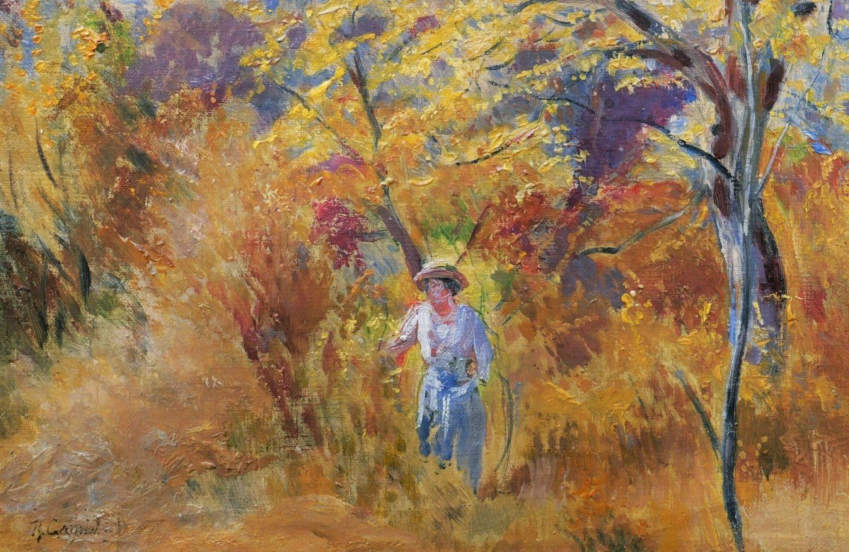 Richard CARNIEL, Femme au chapeau d'été dans un paysage boisé-photo-2