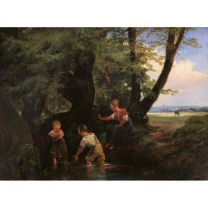 Robert-léopold Leprince, Three Children Bathing In A Pond