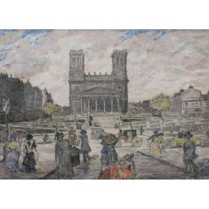 Gustave FRANTZEN, Scène animée rue la Fayette avec l'église Saint-Vincent-de-Paul