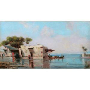 Attribué à Ferdinand BONHEUR, Bord de mer animé en Orient