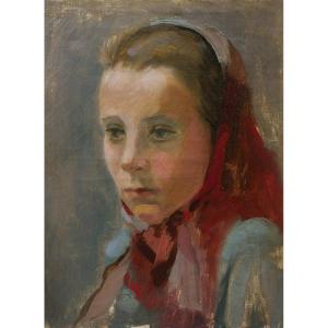 French School Of The Beginning Of The 20th Century, Young Girl With A Red Headscarf