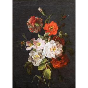 French School Circa 1800, Bouquet Of Flowers On A Gray Background