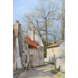 19th Century French School, Sunny Village Street In Winter With A Cart