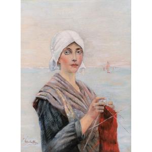 Attributed To Valentine Pèpe, Fisherman's Wife Knitting, In Front Of The Sea