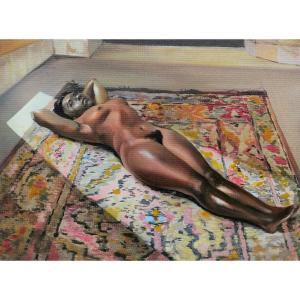 École FRANÇAISE ou ESPAGNOLE circa 1930 - 1950, Femme noire nue allongée sur un tapis oriental