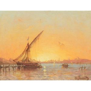 Jean Joseph Suchet, Boats In Front Of Marseille At Sunset