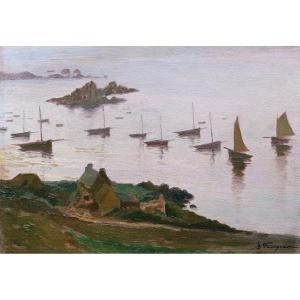 Adolphe FAUGERON, Bateaux au mouillage à l'Île Verte, Locquirec
