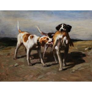 Charles Hermann-léon, Two Hunting Dogs Retrieving A Hare