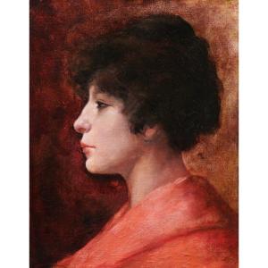 PARRAN, Portrait de femme brune en robe rouge de profil