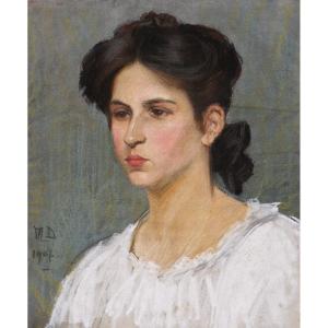 Marguerite DUBOIS de PACÉ, Portrait de jeune femme brune en chemise blanche