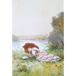 Paul ROSSERT, Femme à l'ombrelle lisant en bord de rivière
