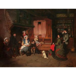 Charles Auguste Corbineau, Peasant Family And Bourgeois Couple In An Interior